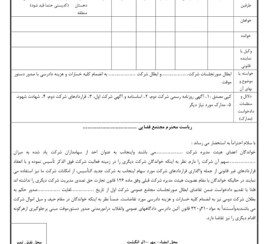 دادخواست ابطال صورتجلسات شرکت و ابطال شرکت دوم با صدور دستور موقت