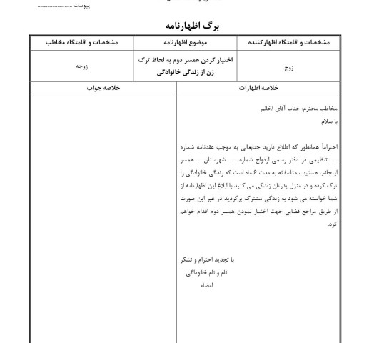 اختیار کردن همسر دوم به لحاظ ترک زن از زندگی خانوادگی