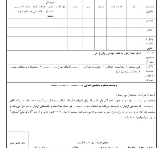 دادخواست اجازه ثبت ازدواج به علت خودداری ولی از اذن